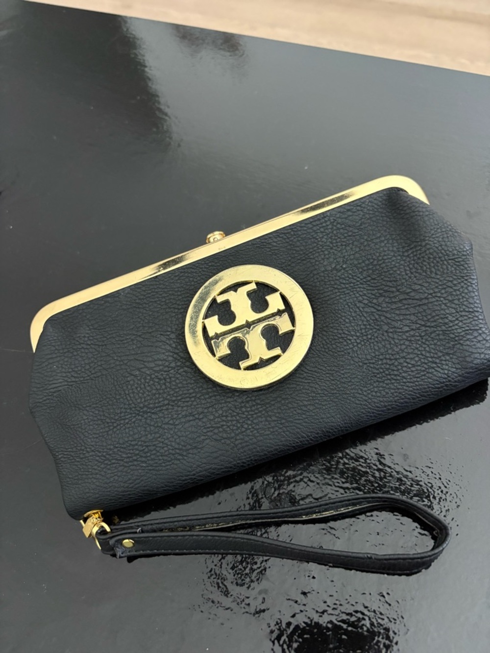Tory Burch Black Leather Wristlet with Gold Logo